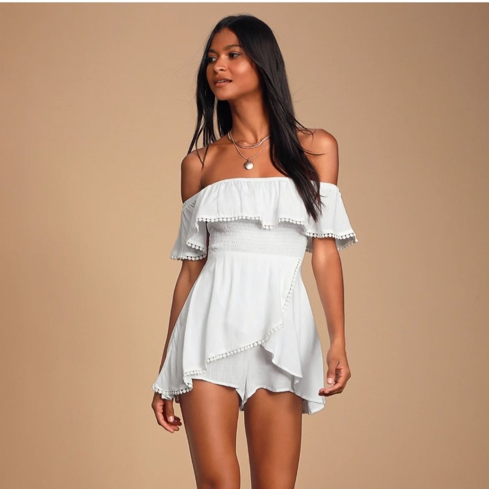 Lulus Blissful White Off-the-Shoulder Smocked Romper